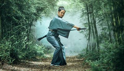 samurai, kimono, gangsti, holdning, katana, slire, bambus