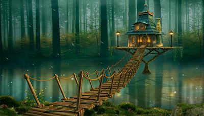 cheminée, lanterne, luciole, brouillard, conte, ombre, lac, pont, forêt