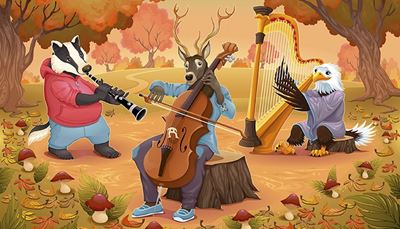 музиканти, виолончело, кларинет, манатарка, арфа, язовец, орел, елен, лък, есен