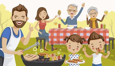 nappe, grand-père, grand-mère, barbecue, saucisses, steak, nattes, gril, pouce