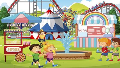 karusell, sockervadd, bergochdalbana, pariserhjul, regnbåge, glass, paviljong, popcorn, fontän, barn, kiosk