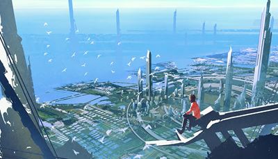 prihodnost, mesto, nebotičnik, krog, človek, ptiči