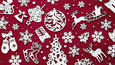 slæde, juletræ, stjerne, snefnug, klokke, skøjter, vanter, engel, hjort