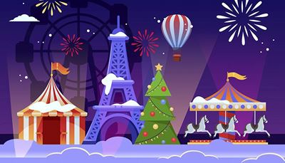 ballon, eiffeltoren, reuzenrad, carrousel, kerstboom, tent, wolk, vuurwerk, sneeuw, ster, paard, vlag, nacht