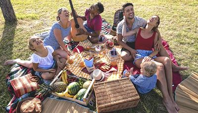 piknik, lubenica, košara, kitara, trata, ananas, sadje, smeh