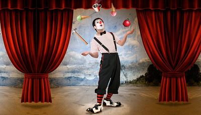 predstavenie, červený, traky, scéna, záclony, žonglovanie, zmrzlina, pozadie, kladivo, maska, klaun