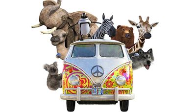 koala, slagtand, giraffe, pinguïn, vredesteken, zebra, busje, beer, wolf, kameel, olifant