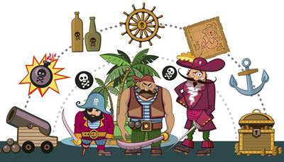 patranka, trikampėskrybėlė, bomba, skarelė, skrynia, sviedinys, žemėlapis, inkaras, palmė, kardas, piratas, ūsas, sala