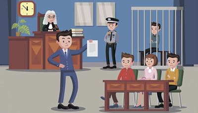 cell, lawyer, peakedcap, defendant, prisoner, courtroom, officer, jury, clock, judge