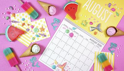 maand, watermeloen, zeemeermin, schildpad, kalender, ijsco, ijslollie, schelp, staart, datum