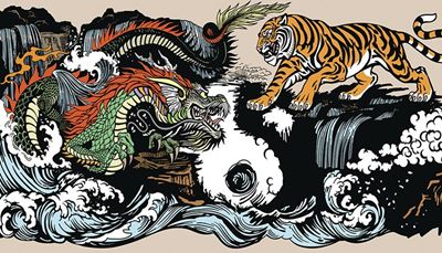 tigris, pikkelyek, ellenfelek, állkapocs, küzdelem, vízesés, farok, sárkány, hullám