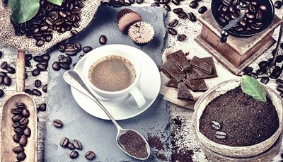 kávébab, kávédaráló, teáskanál, lapát, csészealj, csokoládé, édesség, levél, kávé