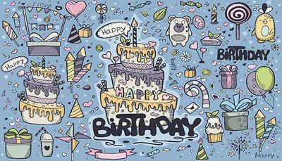 kynttilä, syntymäpäivä, juhlahattu, ilotulitus, lelu, rataspyörä, sädetikku, kirjekuori, lahja, kakku, tikkari, viiri, leivos