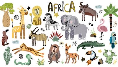 flamingas, krokodilas, leopardas, žirafa, dramblys, liūtas, babuinas, zebras, tukanas, gnu, hiena, gyvatė, palmė, ara