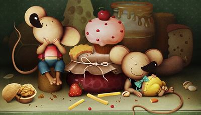 strawberry, frenchfries, suspenders, pistachios, cherry, nutshell, sausage, cupcake, cheese, cookie, bowtie, mouse, tail, nut
