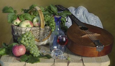 dekantáló, lant, levelek, szőlő, fürt, alma, kosár, bor
