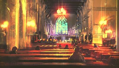 ołtarz, światło, modlitwa, okno, parafianie, katedra, ławka