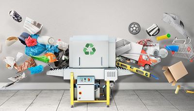 lastrum, vaskemaskine, maleruller, vaterpas, affald, genbrug, kasse, avis, indkøbsvogn, plast