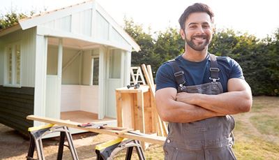 construction, summerhouse, confidence, overalls, backyard, sawhorse, window, plank, carpenter