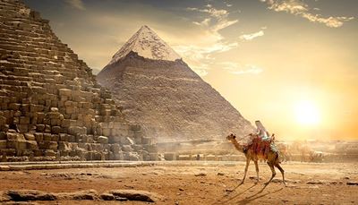 pyramide, egypt, himmel, nomade, fjell, sol, kamel, ørken