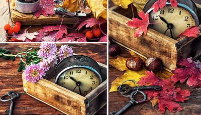 jesen, javorjevlist, cvetnilisti, številčnica, kazalec, kostanj, ključi, jagoda