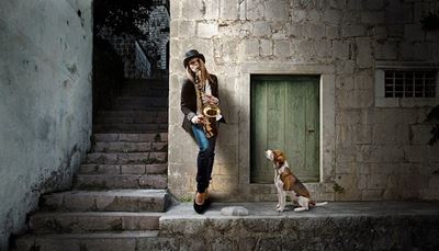 beagle, silinterihattu, portaat, ikkunansalpa, saksofoni, palko, ovi, musiikki, pimeys