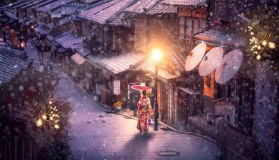 beleuchtung, kanaldeckel, regenschirm, kimono, girlande, dach, japan, schneefall