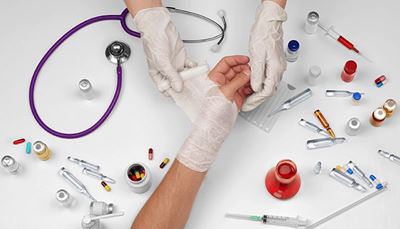 ampull, spruta, förstahjälpen, stetoskop, handled, handskar, kapsel, skada, bandage, nål