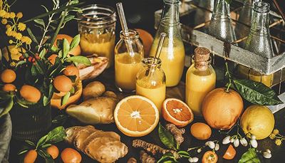 üveg, zöldséglé, palack, narancs, gyömbér, dugó, kumquat, kurkuma, citrom