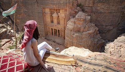 keffiyeh, înălțime, vizitatori, călător, covor, iordania, canion, romb, petra