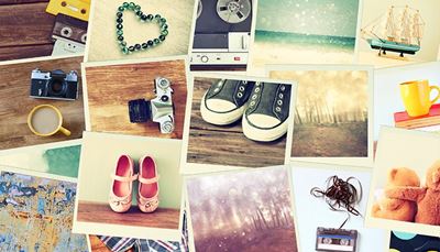 schip, balletschoenen, fotografie, collage, cassette, camera, kopje, sneakers, zeil, hart, kunst