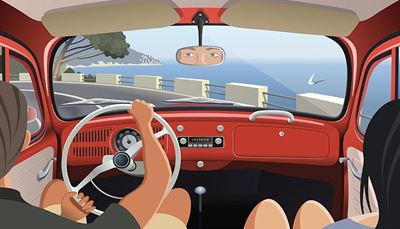 sailboat, road, speedometer, steeringwheel, glovebox, wipers, turn, driver, eyes, sea, mirror