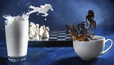 coffee, chesspieces, chessboard, splash, black, milk, chess, white, knight
