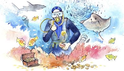 монеты, дайвер, гидрокостюм, сундук, медуза, акула, скат, коралл, дно