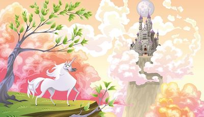 dvorac, mjesec, kraljevstvo, toranj, ružičasta, stablo, jednorog, oblak, bijel