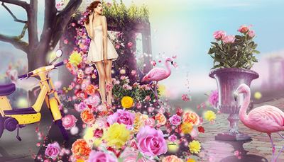 ноги, фламинго, сиденье, девушка, платье, вазон, розовый, цветы, мопед, руль, тень, розы