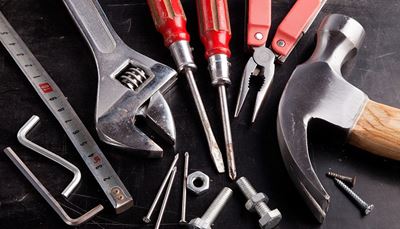 hammer, measuretape, nut, metal, pliers, tools, screwdriver, nail, bolt, spanner