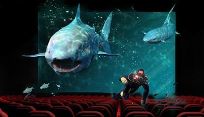 trajeacuático, tiburón, mandíbulas, pantalla, cine, buceador, aletas, aleta, asiento