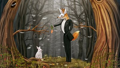 tail, tailcoat, knothole, forest, tree, rabbit, carrot, mask, fox