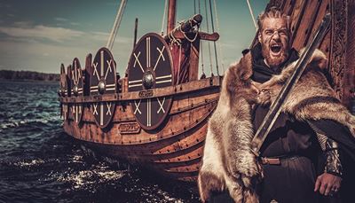 pele, guerreiro, espada, escudo, grito, avambraço, viking, barba, água, mastro, navio