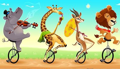 žirafa, zmrzlina, cylindr, smyčec, lev, gazela, šála, rohy, housle, hudba