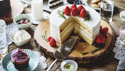 tårta, jordgubbar, cupcake, rosmarin, spets, vispgrädde, sylt, glas, lager