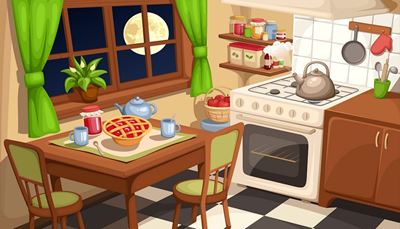 chair, kitchen, ovenglove, kettle, oven, burner, fryingpan, moon, tile, steam, pie, jam