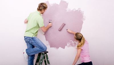 couple, paintroller, renovation, stepladder, ponytail, rose, painter, paint, jeans, wall, brush