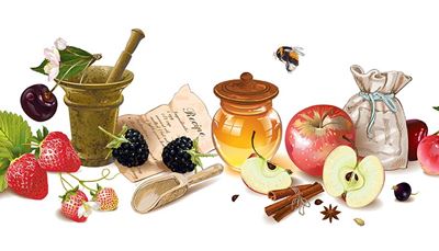 kimalainen, survimella, kaneli, karhunvatukat, kirsikka, resepti, pussukka, siemen, mansikka, hunaja, kauha, omena