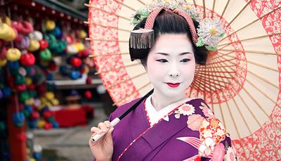 geisha, hairstyle, umbrella, eyebrows, flower, makeup, lipstick, pattern, kimono, japan