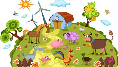 ovce, vemeno, větrnáturbína, kachna, stodola, včela, kohout, plot, prase, motýl, husa, sele, kráva, koza, kůň