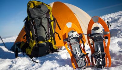 fasteners, backpack, hiking, snowshoes, orange, shadow, snow, pocket, sky, tent, belts