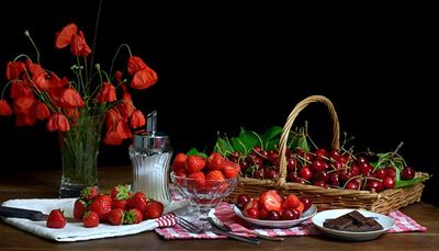 stilllife, strawberries, sugarbowl, chocolate, poppy, wicker, bowl, handle, basket, berries, fork, saucer, vase, cherry