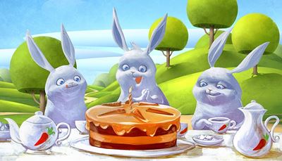 dort, narozeniny, apetit, oslavenec, čajník, pěšina, králík, šálek, svíčka, strom, mrkev, uši